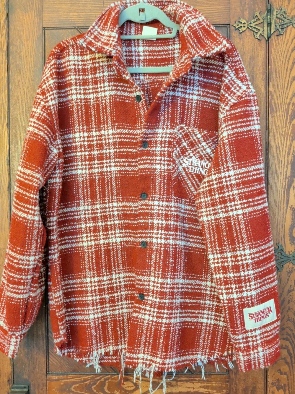 Men's Stranger Things Pac Sun Flannel Shirt Sz L Red White Plaid 100% Polyester